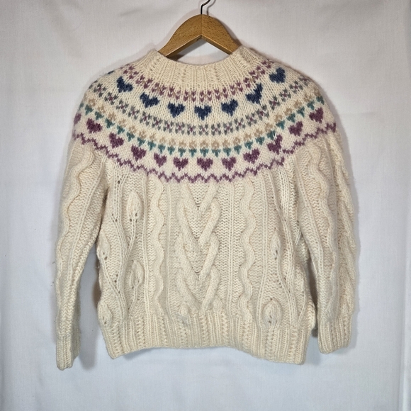 Vintage Hearts Wool Mohair Chunky Knit Sweater Fair Isle Grandma Cottagecore M - Picture 7 of 9
